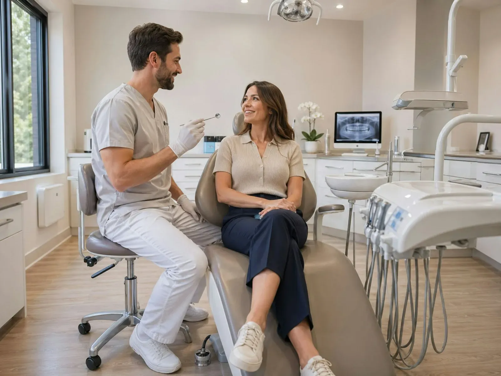 Odontólogo conversando con una paciente sonriente en el consultorio